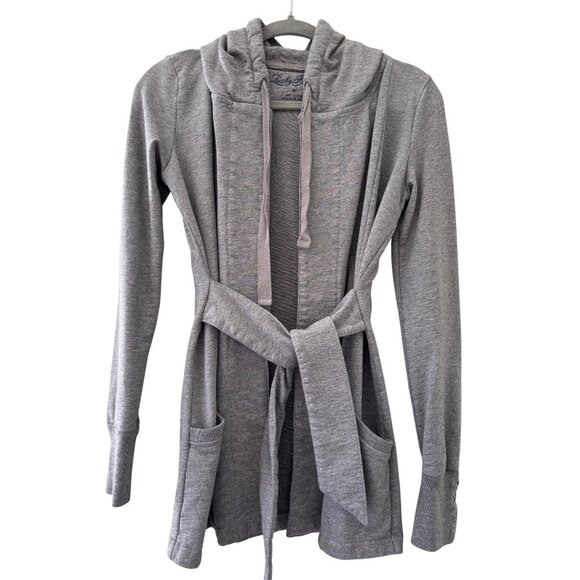 Lucky Brand Cozy Grey Hooded Wrap Cardigan With Tie Waist & Side Pockets - Picture 13 of 13